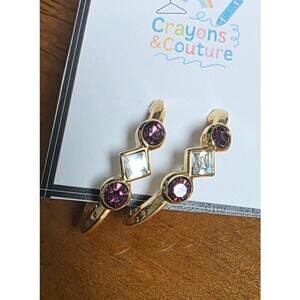 Vintage Avon Earrings Hoop GoldTone Purple White Rhinestone Classy Glam Work